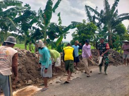 Meringankan Beban Warganya Babinsa Koramil 20 Ngluyu Bersama Masyarakat Kerja Bakti Perbaikan Jalan