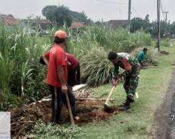 Babinsa Koramil Prambon Bersama Warga Laksanakan Penghijauan Kanan Kiri Jalan