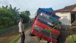 Kurang Hati-hati dan Salah Perkirakan Jalan, Truk Gandeng Terperosok Parit di Baron Nganjuk
