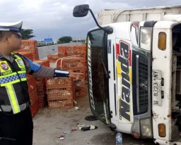 Diduga Sopir Mengantuk, Truk Muatan Ayam Terguling di Tol Nganjuk–Kertosono