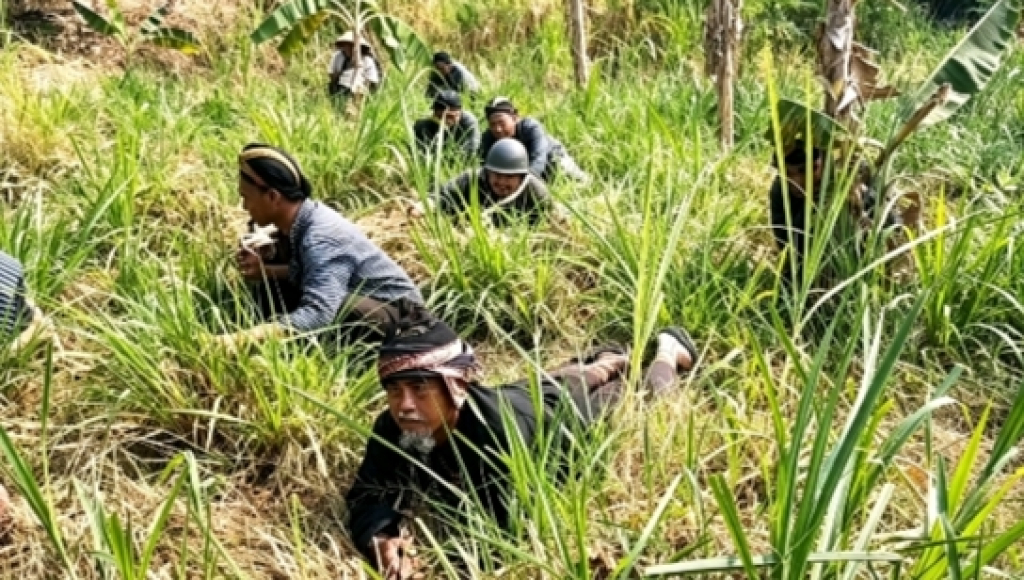 Anggota KOSTI Nganjuk bersama KOTASEJUK memperagakan drama teatrikal pertempuran melawan pasukan Belanda di sekitar Jembatan Lama Kertosono, Nganjuk (SRTV)