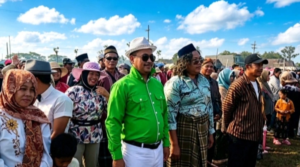 Ratusan warga Desa Banjaranyar, Kecamatan Tanjunganom, Kabupaten Nganjuk, antusias mengikuti Upacara Bendera HUT RI ke-81 berbusana tempo dulu di Lapangan Desa Banjaranyar (Dito/SRTV)