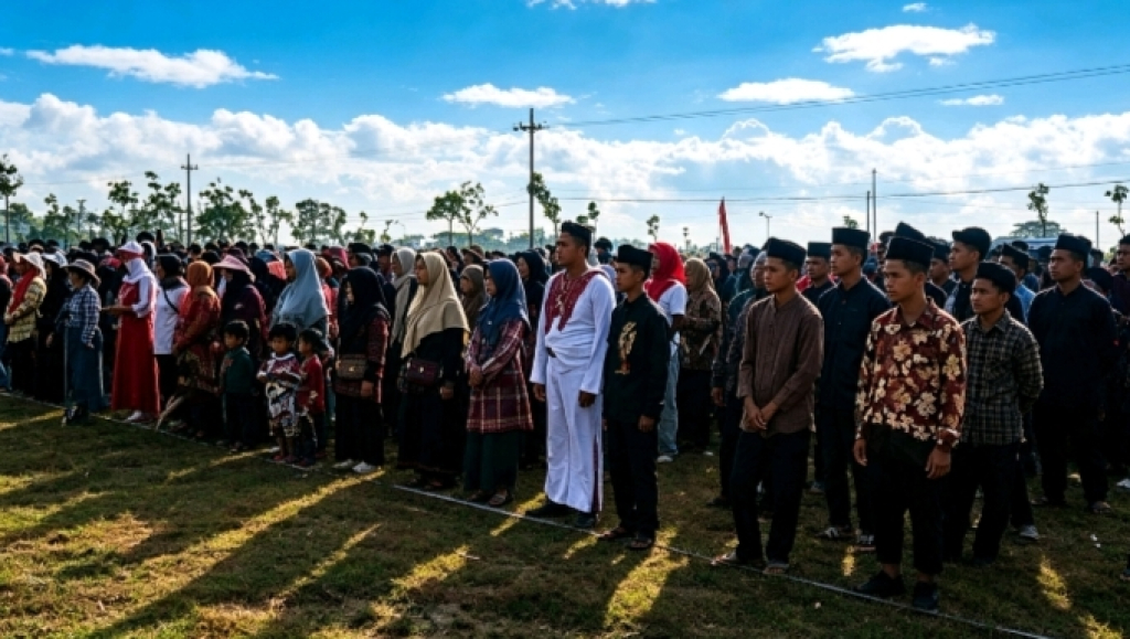 Ratusan warga Desa Banjaranyar, Kecamatan Tanjunganom, Kabupaten Nganjuk, antusias mengikuti Upacara Bendera HUT RI ke-81 berbusana tempo dulu di Lapangan Desa Banjaranyar (Dito/SRTV)