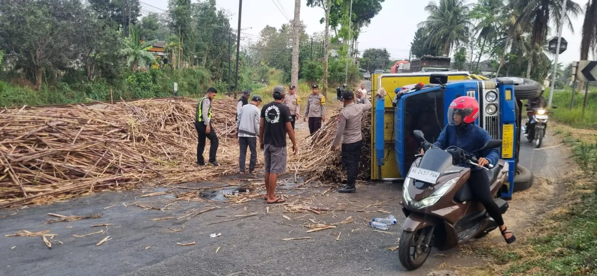 Supir Ngantuk dan Tak Sadar Jalan Menikung, Truk Muat Tebu Ambruk di Kesamben Blitar