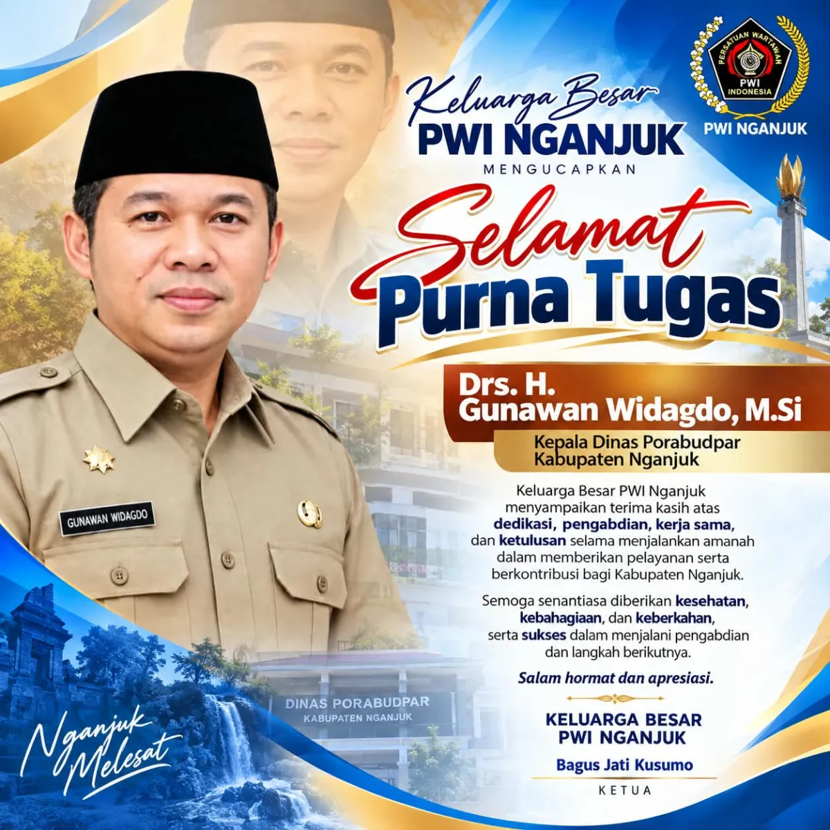 Apresiasi Sinergi Pers, PWI Nganjuk Lepas Purna Tugas Kadis Porabudpar Gunawan Widagdo
