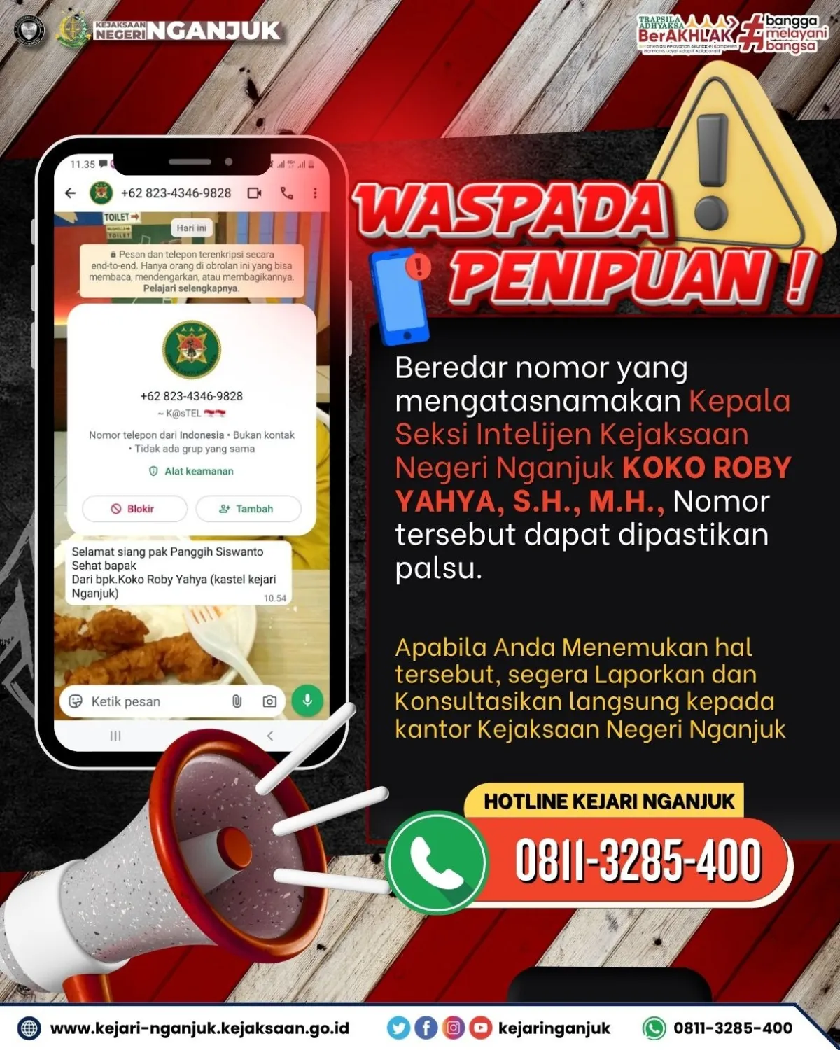 Awas Penipuan.! Kejari Nganjuk Imbau Warga Waspada Nomor Palsu Catut Nama Kasi Intel 