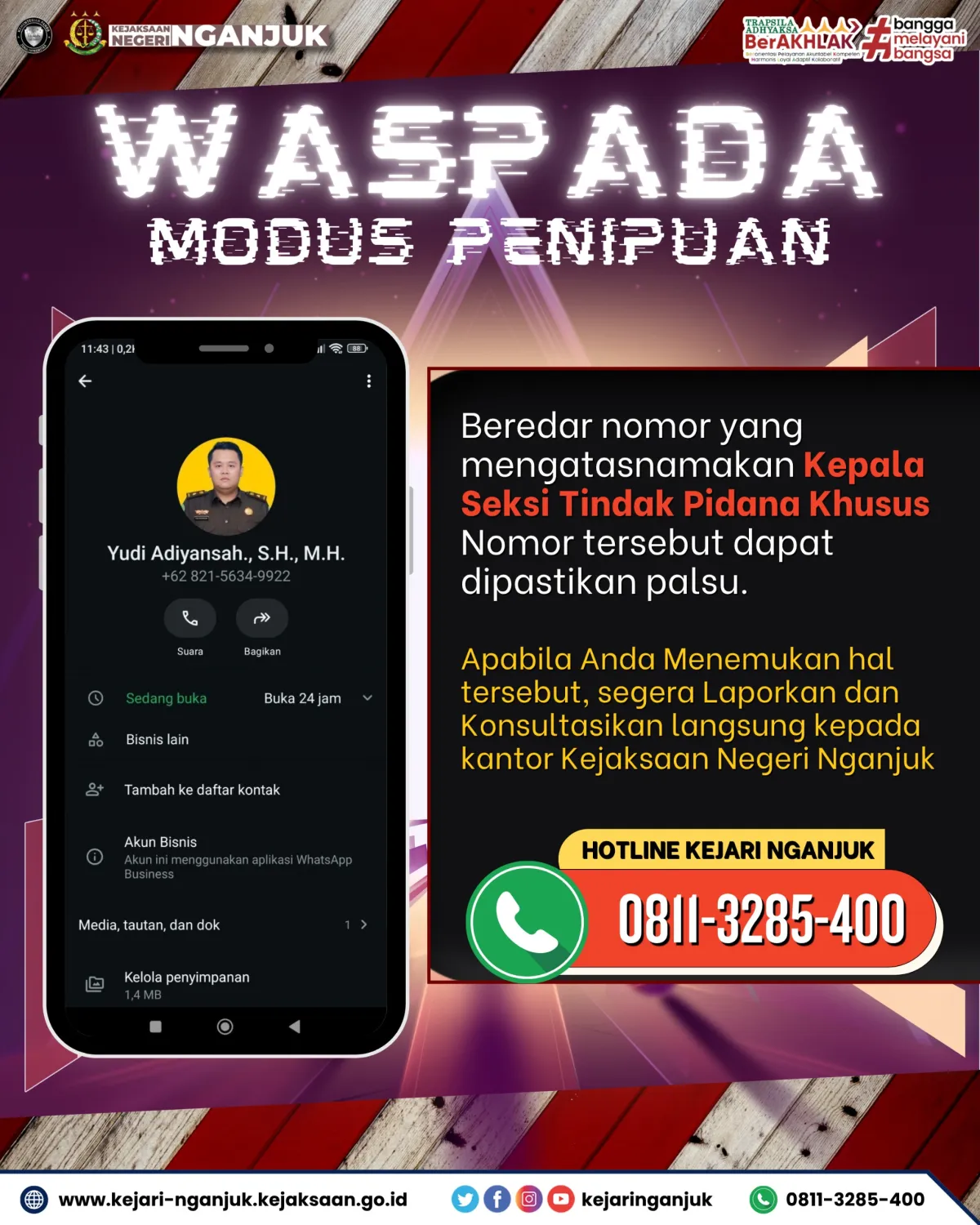 Catut Nama Pejabat Kejari Nganjuk, Warga Diimbau Waspada Modus Penipuan Via WhatsApp