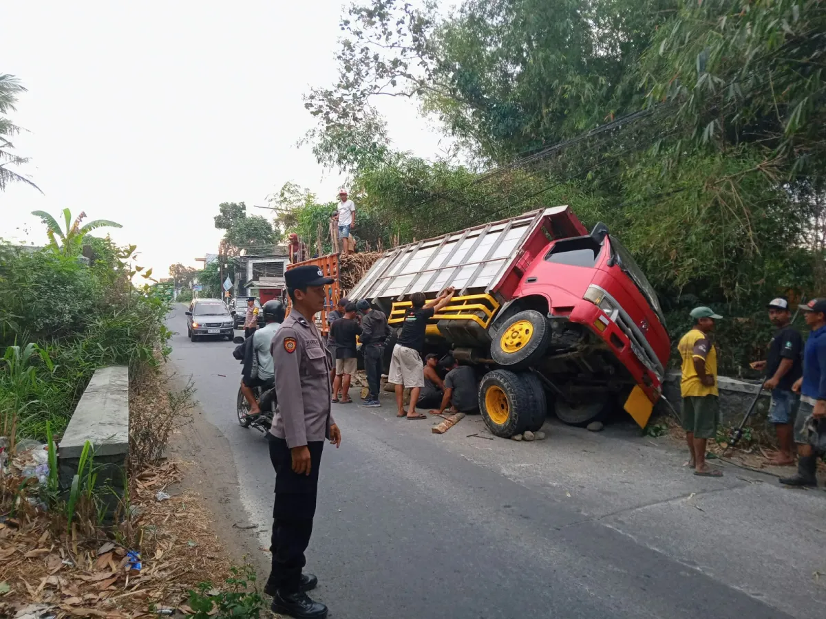 As Roda Patah, Truk Pengangkut Tebu Terguling di Jalan Raya Sidodadi Blitar